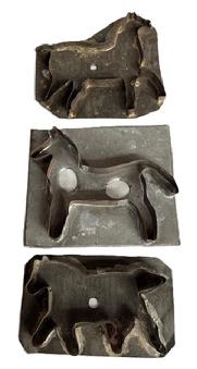 M15C Group of three (3) flat backed tin cookie cutters featuring various silhouettes of Horses. All solder joints are secure. The largest of this group measures ~ 6 &frac12;� wide x 5 &frac12;� tall and the smallest in this group measures ~ 6 1/8" wide x 3 &frac34;� tall. 