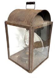 **SOLD** L517 Oversized 19th century glass and tin Barn / Hunting Lantern with double hood, large round Mercury Glass reflector and interior kerosene lamp with chimney. Original un-painted surface. Sturdy wire bail handle on top for carrying and original wire hooks/brackets on back for mounting to a wall or post. Provenance - from the Shenandoah Valley, Virginia Estate of Charlie Hunter. Measurements: 13� x 13� square x 20 &frac12;� tall (not including handle). 