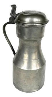 L267A 18th century Pewter Lidded Flagon engraved with various initials and �H� �1753� on top of lid and prominently �DC� with faint remnants of �1753� on bottom.  Heavy with sturdy handle and working hinged lid. Approximate measurements: 5� diameter bottom x 10 &frac12;� tall.