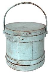 **SOLD** L248 19th century wooden firkin with staved sides and steamed and bent handle secured with wooden pegs bearing original old pale blue painted surface. The finger lapped bands are secured with copper tacks. Very sturdy. Great natural patina inside.  Measurements: 9 &frac12;� bottom diameter x 9� top diameter x 8 &frac34;� tall.  