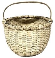 M237 Exceptionally well made tightly hand-woven gathering basket bearing its original white painted surface. This fantastic basket features double steamed and bent rims that are double wrapped and a thick, steamed and bent handle that is notched and woven into the sides of the basket. Woven bumped up bottom interior to aid with weight distribution and enhance airflow for gathered items. Great condition! Measurements: 15� x 13 &frac34;� top diameter x 10� tall (sides) x approximately 15� tall including handle. 