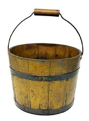 **SOLD** M179 Mid-19th century Shaker wooden bucket stamped �JK� on bottom. Bucket features iron diamond-shaped bail plates, wire bail with turned wood handle, chamfered bottom and tongue and grooved softwood staved sides secured with two iron bands bearing nice old yellow paint over original blue paint with great wear and patina on outside and natural patina interior. Measurements: 11 &frac14;� x 11 &frac34;� top diameter. 9 &frac12;� x 10� bottom diameter. 9� tall � not including handle. 
