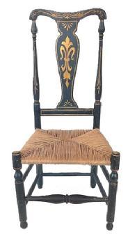 L68 Early 19th Century New England Banister Back Chair with rush seat boasting black painted and gold decorated surface over  Wonderful turned legs with bulbous front stretcher and vasiform back slat.  Measurements: 15 &frac14;� deep x 19 &frac14;� wide (front) x 14 1/2� wide (back) x 40� tall (back). Seat height is 16 &frac12;�. 