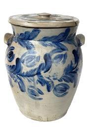 G439 Rare 19th century stoneware lidded ginger jar crock with applied handles boasting beautiful heavy cobalt floral decoration on crock and lid. Unmarked, probably Virginia.  Measurements: 11 &frac12;� tall (12 &frac12;� to center of lid) x 7 &frac34;� top diameter. 