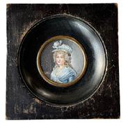 M86 Exceptional miniature Portrait of a beautifully coiffed haired lady in a blue dress with shawl and matching hat - signed �G. Capet�. The details are exquisitely lifelike! The artist, Marie Gabrielle-Capet (1761-1818), excelled as a portrait painter and is known for her miniature paintings, oil paintings, watercolors and pastels � many of which are housed in the Louvre Museum in Paris, France.  Framed measurements: 4 &frac12;� wide x &frac34;� deep from wall x 4 5/8� tall. The center painting area measures 2� diameter. 