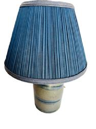 **SOLD** M60 19th century Western Pennsylvania stoneware striper canning crock jug lamp with three cobalt bands. The crock jug base measures 5� diameter base x ~10� tall. Overall height with shade included is ~17� tall.  