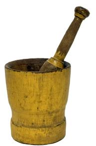 M1118 19th century thick-walled wooden mortar and pestle with simple turnings and remnants of incised rings, bearing early mustard yellow painted surface. The pestle, which appears to be original to the mortar, also has remnants of mustard paint. The interior of the mortar and the pestle both bear wear indicative of extensive use. Age crack that does not go completely through on bottom, however it does not affect the integrity of the piece. Measurements: 6� top diameter x 5 &frac14;� bottom diameter x 6 &frac34;� tall. The pestle measures ~10 &frac12;� long. 