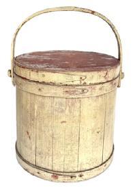 L249 19th century wooden firkin with staved sides and steamed and bent handle secured with wooden pegs bearing old pale mustard over original red painted surface. The finger lapped bands are secured with copper tacks. Very sturdy with great wear from years of use. Great natural patina inside. Measurements: 11 &frac12;� top diameter x 12 &frac14;� bottom diameter x 11 &frac34;� tall. 