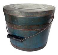 L397 Spectacular identified original blue painted lidded wooden bucket � Stamped on bottom � ��.Made & Warranted, by JAMES WITCHER�.� with arched wire bail handle and turned wooden grip. The thick, solid wood lid is rimmed by a &frac34;� tall metal band secured with hand forged tacks. The interior is old natural patina. Tongue and grooved staved construction held in place with &frac34;� tall metal bands secured with hand forged tacks.  Measurements: 11 &frac34;� � 12� top diameter x 10 &frac14;� bottom diameter x 9 &frac14;� tall.  