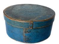 N442 Blue over original blue painted pantry box. Steamed and bent side construction secured with tiny tacks. Natural patina interior. Measurements: 8" diameter x 3 &frac34;� tall. 