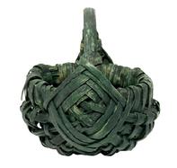 **SOLD** RM1644 Miniature rib and split oak hand-woven egg / buttocks basket in original dark green painted surface featuring single wrapped rim with Eye of the Wind God detailed weaving at junction of the two major ribs that construct the handle and rim. Minor losses to one side. Measurements: ~4� x ~3 &frac34;� tall.