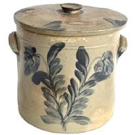 **SOLD** M64 19th century Cobalt decorated lidded Stoneware Storage / Cake Crock with applied handles attributed to Remmey of Philadelphia, Pennsylvania. Lid is also beautifully decorated with cobalt around the edge. Circa 1860s. Measurements: 8� x 8 &frac14;� top diameter x 7 &frac34;� tall without lid. Overall height with lid is ~9� to top of knob.  
