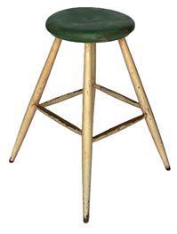 K328 Tall round splay legged wooden stool boasting the original green and white painted surface with excessive wear on the stretchers from many years of use. Very sturdy. Measurements:  Top is 13 &frac14;� diameter x 1 &frac34;� thick. Overall height is 26� tall and it measures 20� wide across splayed feet. 