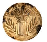 L208B 19th century bulbous handled chip-carved butter print stamp of Pennsylvania origin boasting a tied Sheaf of Wheat design with incised rings and patterned outer edge. Carved from a single piece of wood. Very dry, natural patina surface. Measurements:  4 &frac12;� diameter x 3� tall. 