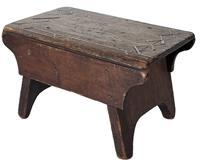 K1824 18th century Pennsylvania miniature inlaid stool with handwritten provenance attached to bottom. Individual inlaid wooden pieces on top create a geometrical pattern. Mortised drop aprons adorn each side. Splayed legs end in cut out feet. The ends of the top board are chamfered to make the top board appear to be thinner than it actually is. The wood is walnut with small �T� nail construction. The small handwritten note attached on the underside reads: �This little stool belonged to Mother (Hannah C. Raymond) + had been in the family many years � J L Raymond�.  Measurements: 7 3/8� long x 4 &frac34;� wide x 4 3/8� tall. 