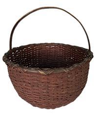 K1622 Exceptionally well-made 19th century tightly hand-woven round gathering basket with single wrapped rim in original red painted surface. Sturdy steamed and bent handle is woven into the sides of the basket. Woven bumped up bottom interior to enhance airflow for gathered items. Great condition! Measurements: 10 &frac34;� diameter x 4 &frac34;� tall (sides) x approximately 10 &frac12;� tall including handle. 