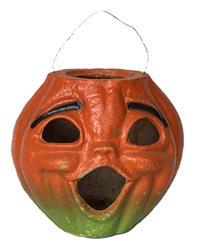 K1524 Paper Mache Pulp Pumpkin �Choir Boy� Jack O Lantern. Circa 1930-1940s. The lantern retains great original orange, black and green surface with very minor wear, what appears to be its original wire handle and is in very good condition for its age. Paper insert for eyes/mouth is missing. Pumpkin measures ~ 9 &frac12;� at widest point and is 7 &frac12;� tall not including handle. 