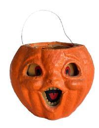 L312 1930s Rare, double sided, small sized Paper Mache Pulp Pumpkin Jack O Lantern. Circa 1930-1940s. The lantern is in very good condition and retains original orange surface with what appears to be its original wire handle. The paper inserts for eyes and mouth are present on both sides.  Ink stamp on bottom depicts 49 inside a circle � which could have been a price stamp.  Approximate measurements: 7" wide x 5 &frac14;� deep x 5 &frac14;� tall not including handle.   