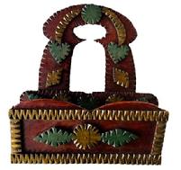 **SOLD** M99 19th century Tamp Art Wall Box with tall keyhole cut out back featuring applied floral motifs and hearts with chip carved edges in original polychrome painted surfaces including red, green and gold. This style of decorative art with these features and colors was popular during the 1870s through the early 1900s. Measurements: ~9 &frac14;� wide x 4 &frac14;� deep x 10 5/8� tall.  