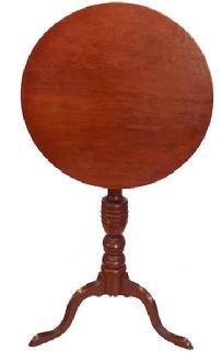 **SOLD** L104 Wonderful 18th Century tilt top candle stand in original dry red painted untouched surface. Solid wooden baluster turned column with three high arched applied legs. Circa 1790-1800. Measurements: 19 &frac12;� x 20� diameter top. 29 &frac14;� tall with top up. Overall height is 39 &frac34;� tall with top down in stored position. 