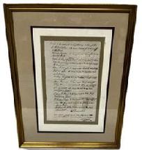 M290 Early 19th century framed handwritten Steam Boat Ledger for Ham Deliveries � Dated 1831. This original document indicates the names and 14 individual delivery addresses for a total of 108 hams in all. A note at the bottom instructs the delivery person to leave the bills with the hams at each location and is signed and dated �Wm Black Jr � Apr 19 1831�. The reverse has an open area in the matting so the handwritten address can be viewed. It reads: �Mr. John Miers � Philadelphia Steam Boat � with 108 hams�. Framed measurements: 17 3/8� wide x 1� thick x 22 3/8� tall. 