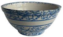 L332 19th century blue and white Spongeware bowl featuring the classic sponge-applied blue speckled pattern with a solid white band in center. Squared lipped rim and raised footed bottom. Measurements: 11� top diameter x 5 &frac34;� bottom diameter x 5 &frac12;� tall.  