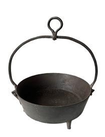 K204 Cast Iron three-legged Hanging Fry Pan in the style of an 1800�s Savery & Co. of Philadelphia, Pennsylvania pan. At some point, this pan was converted to a hanging kettle with a stationery hand forged iron handle and rotating iron loop at the top. Very heavy with its great original surface. Measurements: 11� diameter x 4 &frac12;� tall. Overall height is ~15� tall to top of ring.  