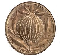 K56 19th century Pennsylvania butter print stamp depicting a deeply chip-carved Pineapple with leaves. Small, tight surface cracks from age. Dry, natural patina surface. Measurements: 4 3/8� x 4 5/8� diameter (slightly out of round) x 3� tall. 