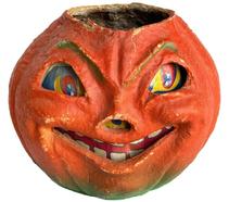 M68 Paper Mache Pulp Pumpkin Smiling Jack O Lantern. Circa 1930-1940s. The lantern retains great original orange and green surface with what appears to be its original wire handle and paper insert for eyes and mouth. Nice condition! Pumpkin measures ~ 7� at widest point x ~6� deepest point x and is 5 &frac14;� tall not including handle. 