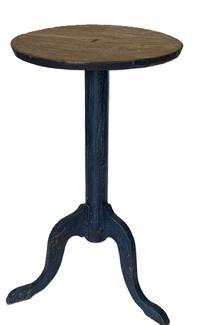 K1572  19th century Pennsylvania candlestand featuring a sturdy center post resting on tripod legs bearing old blue paint over an early apple green paint.  The top is out of round and measures 15� x 16� diameter. Overall height is 29� tall.   