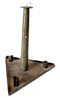 L230 Unusual 19th century hanging tin candle holder with three rolled edge candle sockets on a triangular shaped drip pan with crimped edges supported by a tapered cylindrical center post with a crimped edge cap.  All solder joints are secure.  Measurements: 12� wide x 12� deep x 12� tall. The crimped top is 2� diameter.
