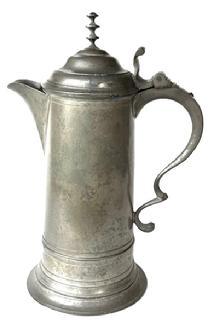 L255 Tall American early 19th century Pewter Flagon with dome shaped hinged lid with finial, sturdy spout, and scrolled handle. Prominently stamped on bottom: �X�  �Boardman & Co. New York�. The New York maker Boardman & Company existed between 1825�1827. Measurements: 5 7/8� diameter (bottom) x 12 &frac12;� tall.