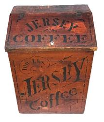 L271 Late 19th century General Store Coffee Bin for �Jersey Coffee� with its original pumpkin painted surface advertising �100 pounds Jersey Coffee� stenciled in black on the front, and �Pittsburg Pa � stenciled on the back. Hinged slant front lid on top bears �Jersey Coffee� and �Dayton Spice Mills Dayton O.�. Circa 1885 � 1890�s. 