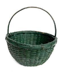 L223 Early 19th century Eastern Shore Maryland Gathering Basket bearing wonderful old green painted surface. Very well-woven round form with tightly wrapped double rim and a delicate steamed and bent, notched handle. Pushed up bottom allows for proper weight distribution and air flow. This basket is sturdy and in very good condition. Measurements: 10� x 10 &frac14;� across top opening. Sides are 5� tall. Overall height with handle is 10 &frac12;� tall.  