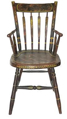 K1519 19th century original painted Arrowback Windsor armchair bearing original stenciled paint decorated crest with hand painted leaf decorations on the spindles and front stretcher on an original grain painted background. Bamboo style turned legs. Measurements: 17 &frac12;� wide (across arms) x 16 &frac12;� deep (set) x 34� tall (back. The seat is 17 &frac34;� tall.  