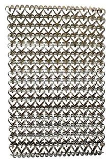 M49 19th century Folk Art Iron heart motif doormat constructed of individually handmade and bent heart shapes hooked together in a way that allows them to mold perfectly into the one next to it. These highly desirable heart mats were sometimes referred to as �mud mats� or �sweetheart mats� since the heavy metal would scrape mud from shoes/boots, and one was considered a �sweetheart� for the courtesy of doing so when entering a person�s home. Circa 1880s-1920s. Measurements: 23 &frac14;� x 15 &frac14;� x &frac14;� thick. 
