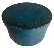 **SOLD** G670 Beautiful 19th century original dry blue painted pantry box in outstanding condition. heavy construction  ,with steamed and bent sides secured with tiny wooden pegs and tacks. Great natural patina inside. Very sturdy. 