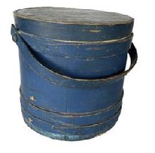 RM1401 19th century Pennsylvania beautiful original indigo blue painted firkin with tongue and grooved staved sides secured with steamed and bentwood bands. Each band is secured with small tacks and one tiny staple at the end of the fingerlap. Stunning dry blue painted surface. Clean interior. Measurements: 11 7/8� diameter (top) x 12 &frac14;� diameter (bottom) x 11 &frac34;� tall.  