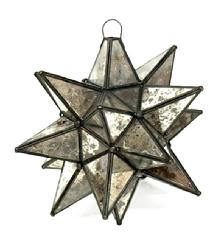 M238A 19th century Pennsylvania Mirrored Glass and Tin Eighteen-Point Moravian Star Lantern with hook at top for hanging purposes and hinged area to access interior for candle illumination if desired.  Approximately 12� tall. 