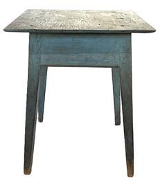 XXXX4 18th century Eastern Shore, Maryland splay leg Hepplewhite table bearing original blue painted surface. The underside of the top boasts chamfered edges - giving the appearance of a thinner top � and is secured to the base with large rosehead nails and wooden pegs. The end of each gracefully tapered splay leg is mortised into the underside of the top for added stability. This table is very sturdy, and heavy, as it is made of solid yellow pine wood.  From an Estate in Caroline County, Maryland. Circa 1750-1780s. Measurements: 22 5/8� x 28� x 25 &frac14;� tall.  