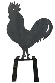 M96 Rooster Weathervane bearing original black painted and weathered surface. The silhouette is cut from heavy sheet metal and retains an arched sheet metal base where it was once attached to the top of a roof. Measurements: 16� wide x ~3/8� thick x 23 &frac12;� tall. Base area measures ~9� wide x 15� long. 