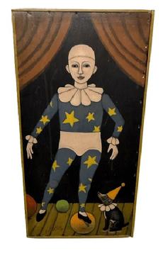 M193 Mid-20th century Folk Art Painting depicting a theatrical setting featuring a Circus performer dressed as a Jester / Pierrot / Harlequin character wearing a blue body suit with bright yellow stars and a white ruffle collar while balancing on an orange-colored ball while a small dog wearing a matching white ruffle collar and yellow conical shaped party hat adoringly watches. Signed by artist on lower left side �A. Glazier�. Painted on a �12 point Goudy Bold� type-set tray. Arthur Glazier (1928-2015) was from East Berlin, Pennsylvania and was famous for these folk-art style paintings on type-set trays, bread boards and other antique items. Measurements: 16 5/8� wide x 1 &frac14;� deep x 1 3/8� thick x 32 &frac14;� tall.