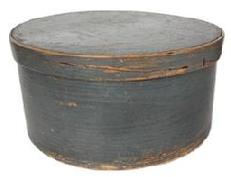L395 19th century New England original gray painted pantry box with natural patina interior. Thick, steamed and bentwood sides secured to the top/bottom with tiny square head nails. Overlapping joints secured with copper tacks. Very early heavy wire staple �make-do� repair to joint on lid tightly secures an old break. Measurements: 15� top diameter x 14 &frac12;� bottom diameter x 7 &frac14;� tall.   