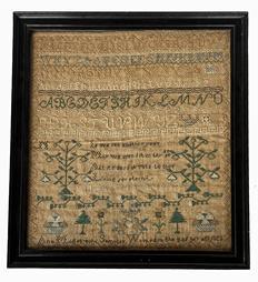 **SOLD** K1831 Exceptional, early 19th century identified and dated framed Needlework Sampler that reads: �If we see another year - May we spend it in thy (???) - All its days devote to thee - Living for eternity�  �Anna Middlebrooks Sampler Worked in the 8 of her age 1826�  Sampler is stitched with what appears to be cotton threads over linen material and boasts blues, browns, tans, greens and ecru colors.  Features bands of alphabet letters and a band of numbers 1 through 13, along with bands of geometrical shapes and is surrounded by a meandering vine border. Urns, trees, baskets and vines of flowers, birds and geometrical shapes adorn the symmetrical layout. Great condition for such an early sampler! Professionally framed. Framed measurements: 14 1/8� wide x &frac34;� thick x 15� tall.  