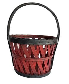 M28 Very sturdy, late 19th century to early 20th century, New England Apple Basket bearing original red and black paint. Basket features cross woven slat sides with a solid wooden bottom and a double top rim. Top and bottom rims feature overlapping fingers secured with tacks. The handle is constructed of two steamed and bent slats secured together with tiny tacks. Measurements: 12� top diameter x 9� bottom diameter x 8� tall sides x ~15 &frac14;� tall including handle. The handle is 1 1/8� wide x ~ &frac14;� thick. 