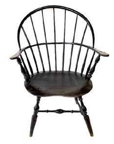 L514 19th Century black painted continuous arm Windsor Chair. Sturdy seven spindle back, curved arms, shaped seat and bamboo style turnings mortised through the seat with H stretcher base. Circa 1810 � 1820s. Measurements: 24� wide (across arms) x 14� deep (seat) x 34 &frac14;� tall (back). The seat is 15� from floor. 