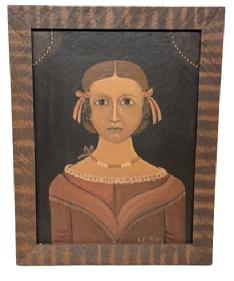 M186 Mid-20th century Folk Art painting of young girl with bows in her hair wearing a salmon-colored dress and beaded necklace. Signed by artist �A Glazier� in lower right corner. Oil on artist board, displayed in a handmade, painted and decorated wooden frame. Arthur Glazier (1928-2015) was from East Berlin, Pennsylvania. Framed Measurements: 14 &frac12;� wide x &frac34;� thick x 18 &frac12;� tall. 