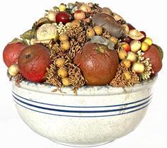 J269 Lovely Doris Stauble millinery fruit and flower arrangement made in a large spongeware bowl - Ca. 1950�s. Doris Stauble (1917-2007) was a well-known Folk Artist from Wiscasset, Maine. Approximate measurements: ~13� across x ~11� tall