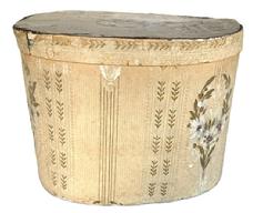 M180 19th century Pennsylvania wallpaper Hat Box or Bandbox � identified inside the lid �Miss Fannie S. Reist�. The oval pasteboard box is covered on the exterior with wallpaper bearing linear stripes with a floral pattern on a tan background. Interior is covered with a two-toned tan printed wallpaper. An original tassel remains in place on front of box. (NOTE: Research indicates there is a �Fannie S. Franck Reist (1850-1898)� buried in the Kauffman�s Mennonite Church Cemetery, Manheim, Lancaster County, Pennsylvania � not far from where this box was obtained.) Measurements: 13 5/8� wide x 11� oval x 10� tall.