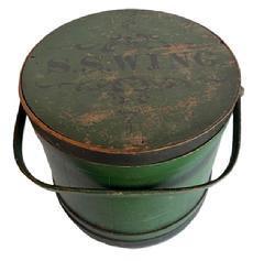 L502 Early 19th century New England covered wooden Firkin retaining original dark green paint with �S.S. WING� surrounded with detailed scroll decoration painted in black on the top of the lid. Nice dry, original painted surface. Constructed of tongue and groove softwood staved sides with overlapping finger wood bands secured with tiny copper tacks. The steamed and bent wood handle is secured with wood peg attachments.  Natural patina interior. Measurements: 14 &frac14;� top dia. x 15 &frac14;� bottom dia. x 14 &frac14;� tall. 